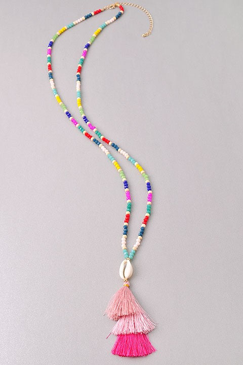 Beaded Taseel and Puka Shell Necklace