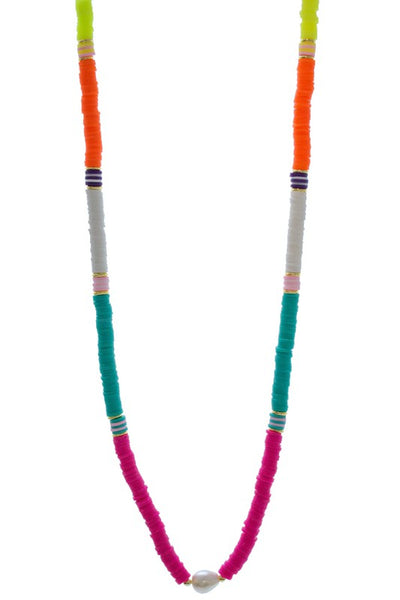 beaded disc necklace with pearl - blue / orange / pink