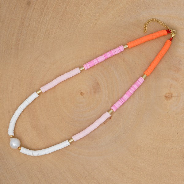 beaded disc necklace with pearl - orange / pink